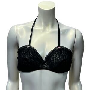 Vintage 80s Black Lace Halter Bralette Rose Detail Ruffle Trim Lingerie Top